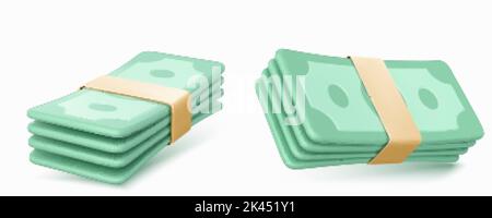 3d render money banknote piles, isolated green dollar packs on white background. Paper currency bills, finance success, casino jackpot, win, wealth, s Stock Vector