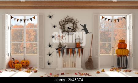 Halloween interior design, living room with fireplace in white tones. Panoramic windows on autumnal landscape. Party decorations, modern scandinavian Stock Photo