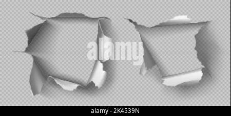 Metal rip holes with curly edges, ragged cracks, cut damage on steel sheet. Torn slash, gun aperture frames or borders isolated on transparent backgro Stock Vector
