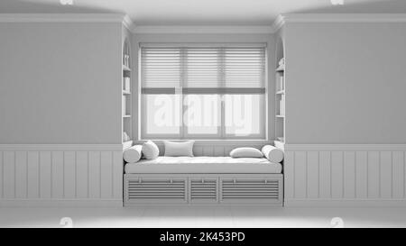 Total white project draft, classic window with siting bench and pillows. Wooden venetian blinds, bookshelf and decors. Walls with copy space for text. Stock Photo