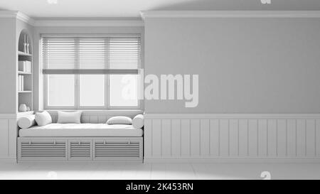 Total white project draft, classic window with siting bench and pillows. Wooden venetian blinds, bookshelf and decors. Walls with copy space for text. Stock Photo