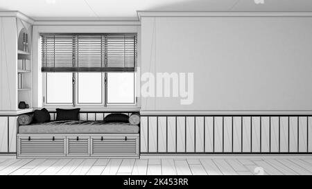 Blueprint unfinished project draft, classic window with siting bench and pillows. Wooden venetian blinds, bookshelf and decors. Walls with copy space Stock Photo