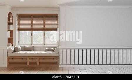 Architect interior designer concept: hand-drawn draft unfinished project that becomes real, classic window with siting bench and pillows. Walls with c Stock Photo