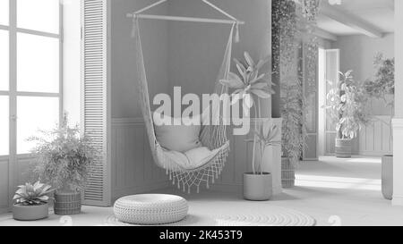 Total white project draft, country living room with rattan potted plants and lace hanging chair. Window with wooden shutters and parquet. Boho interio Stock Photo