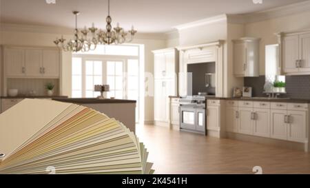 Color palette close up sample. Paint selection catalog over interior design scene, classic kitchen, with wooden details and parquet floor Stock Photo