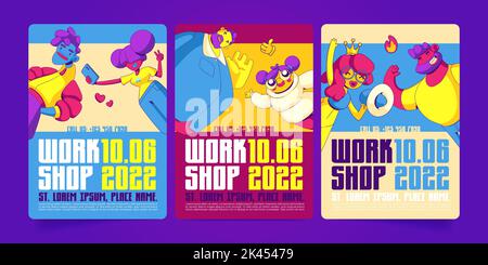 Business workshop posters with people in contemporary art style. Vector flyers of education public event, conference, team meeting or training for off Stock Vector
