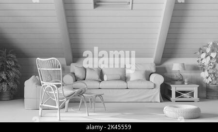 Total white project draft, country mezzanine living room in boho style. Sofa and rattan armchair, wooden side table. Potted plants and jute carpet. Bo Stock Photo