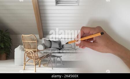 Architect interior designer concept: hand drawing a design interior project while the space becomes real, bohemian wooden living room with sofa in boh Stock Photo