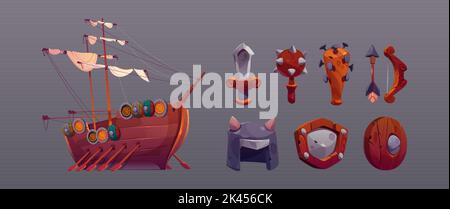 Viking game props icons, medieval battle ship, mace, horned helmet, sword, bow and shields. Scandinavian nordic warrior weapon and armor, isolated ui Stock Vector