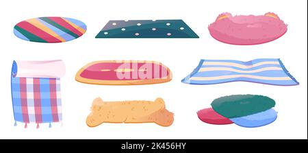Carpets set, floor rugs for bath, picnic, pets and home interior. Cloth and fluffy mats with striped and tartan pattern, in shape of cat and bone isol Stock Vector
