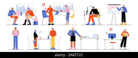 Job vacancy and recruitment concept with people candidates and hr managers in office. Business employment, human resources. Vector flat illustration o Stock Vector