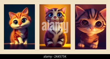Cute baby cat Pixar Dreamworks Character. 3d digital art for wall decor Stock Photo