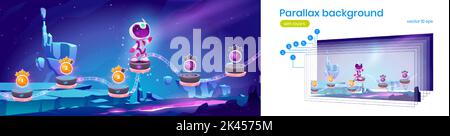 Parallax background of game level map with little astronaut and platforms with numbers of stages. Futuristic alien planet surface and cute spaceman, v Stock Vector