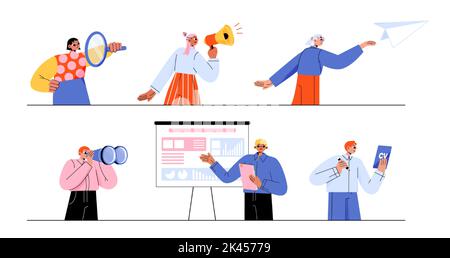 People applying for job, HR managers searching employees. Set of flat characters sending CV, making business presentation, building career, using magn Stock Vector
