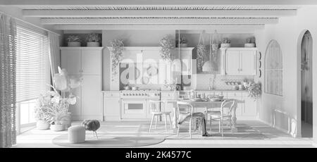 Total white project draft, panoramic view of contemporary wooden kitchen. Dining table and appliances. Scandinavian boho interior design Stock Photo