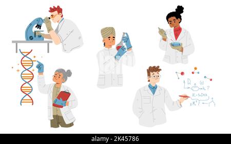 Set of laboratory scientists. Flat characters using microscope, studying medical substance, conducting genetic experiment, writing chemical formula, e Stock Vector