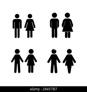 Man and woman person avatar icon set. Male and female gender profile symbol. Men and women wc logo. Toilet and bathroom sign. Black silhouette isolate Stock Vector