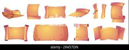 Ancient parchment scrolls, old manuscripts. Black antique letters, rolled up documents, empty vintage yellow paper sheets isolated on white background Stock Vector