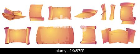 Ancient parchment scrolls, old manuscripts. Black antique letters, rolled up documents, empty vintage yellow paper sheets isolated on white background Stock Vector