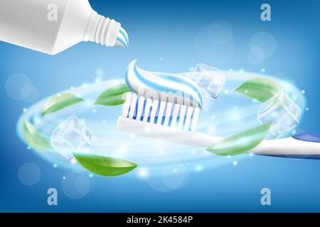 Whitening toothpaste ads with flying mint leaves and sparkling effect around the toothbrush on blue background, Realistic 3d vector illustration Stock Vector