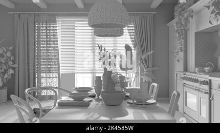 Total white project draft, wooden country dining table setting. Kitchen, pendant lamps and window. Scandinavian boho interior design Stock Photo