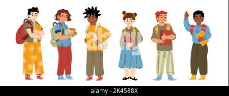 Kids students or pupils with backpacks and textbooks. Preteen boys and girls characters stand in row with books. Children education, learning or study Stock Vector