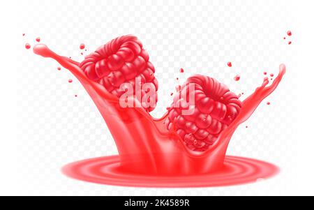 Red fresh raspberries in a splash of juice or yogurt. Fresh berry falls into the juice. 3d realistic vector illustration, isolated on white background Stock Vector