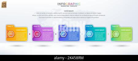 Infographic vector design Business marketing colorful template folder hexagon icon 5 options or steps in minimal style. You can used for Marketing pro Stock Vector