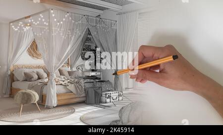 Architect interior designer concept: hand drawing a design interior project while the space becomes real, bohemian wooden bedroom in boho style, canop Stock Photo