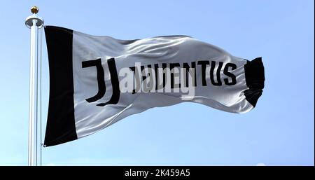 Turin, Italy, July 2022: The flag of Juventus Football Club waving. Juventus is a professional football club based in Turin. Italy Stock Photo