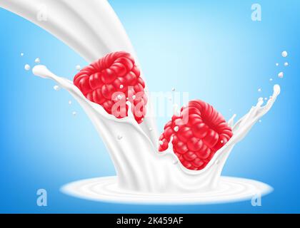 Fresh raspberry in a splash of milk or yogurt. Fresh berry falls into the milk. 3d realistic vector illustration, isolated on blue background. Sweet f Stock Vector
