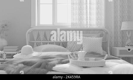 Total white project draft, country bed close up. Boho chic bedroom with rattan furniture, fur blanket, pillows, duvet and decors. Farmhouse interior d Stock Photo