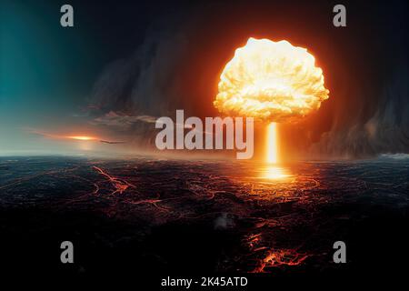 Drone view of a nuclear explosion occurring in a city during an apocalyptic war would create a fire mushroom cloud. 3D digital illustration. Stock Photo
