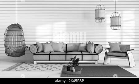 Blueprint unfinished project draft, japandi living room with copy space. Sofa and hanging armchair. Wabi sabi interior design Stock Photo