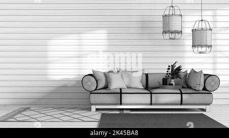 Blueprint unfinished project draft, wabi sabi living room with copy space. Wooden and fabric sofa with pendant lamps. Japandi interior design Stock Photo