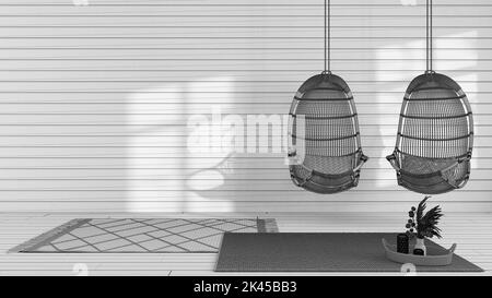 Blueprint unfinished project draft, home interior design in japanese style, wabi sabi living room, wall mockup, rattan hanging chairs with decors Stock Photo