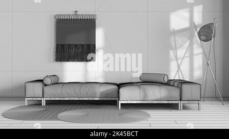 Blueprint unfinished project draft, wabi sabi living room with plaster wall. Minimalist fabric sofa and macrame wall art. Japandi interior design Stock Photo