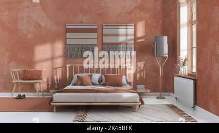 Japandi bedroom in white and orange tones with macrame wall art and ...