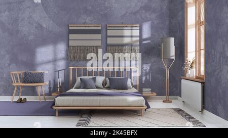 Japandi bedroom in white and purple tones with macrame wall art and ...