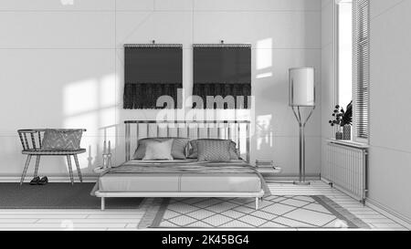 Blueprint unfinished project draft, wabi sabi bedroom with macrame wall art and wallpaper. Wooden furniture, carpets and double bed. Japandi interior Stock Photo