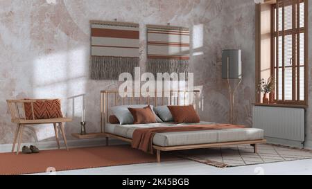 Japandi bedroom in white and orange tones with macrame wall art and ...