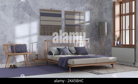 Japandi bedroom in white and purple tones with macrame wall art and ...