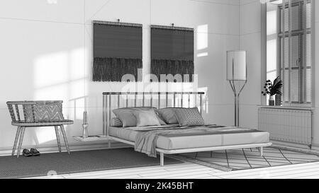 Blueprint unfinished project draft, japandi bedroom with macrame wall art. Wooden furniture, carpets and double bed. Wabi sabi interior design Stock Photo