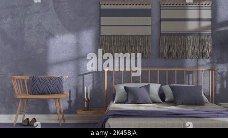 Japandi bedroom in white and purple tones with macrame wall art and ...