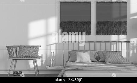 Blueprint unfinished project draft, wabi sabi bedroom close up with macrame wall art and wallpaper. Wooden furniture, carpets and double bed. Japandi Stock Photo