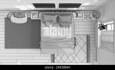 Blueprint unfinished project draft, wabi sabi bedroom with macrame wall art and wallpaper. Wooden furniture, carpets and double bed. Top view, plan, a Stock Photo