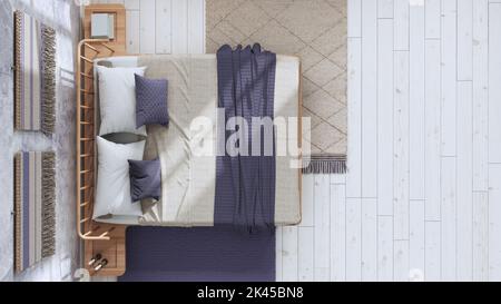 Japandi bedroom in white and purple tones with macrame wall art and ...