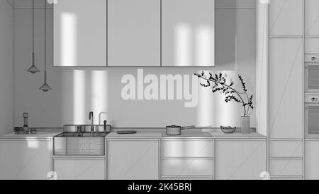 Blueprint unfinished project draft, japandi trendy wooden kitchen. Wooden cabinets, contemporary wallpaper and marble top. Minimalist interior design Stock Photo