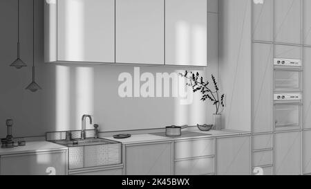 Blueprint unfinished project draft, japandi trendy wooden kitchen. Wooden cabinets, contemporary wallpaper and marble top. Wabi sabi interior design Stock Photo