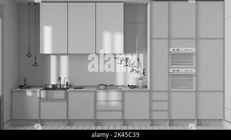 Blueprint unfinished project draft, japandi trendy wooden kitchen. Wooden cabinets, contemporary wallpaper and marble top. Minimalist interior design Stock Photo